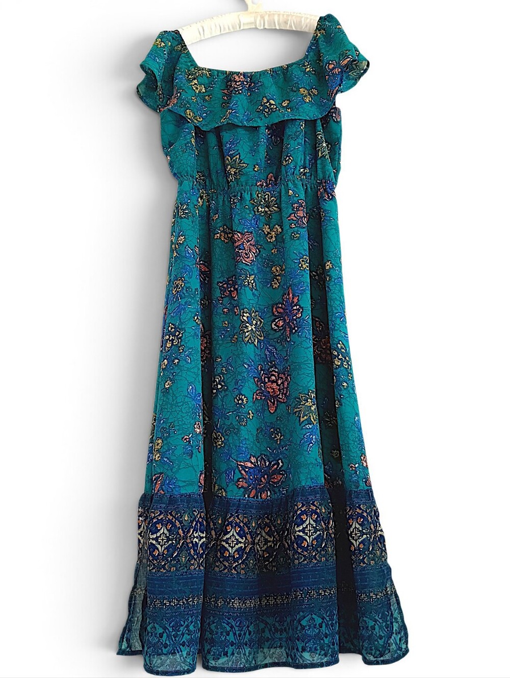 Maurices Teal Floral Maxi dress Sheer Off Shoulder Boho Tiered Ruffle Flowy LG